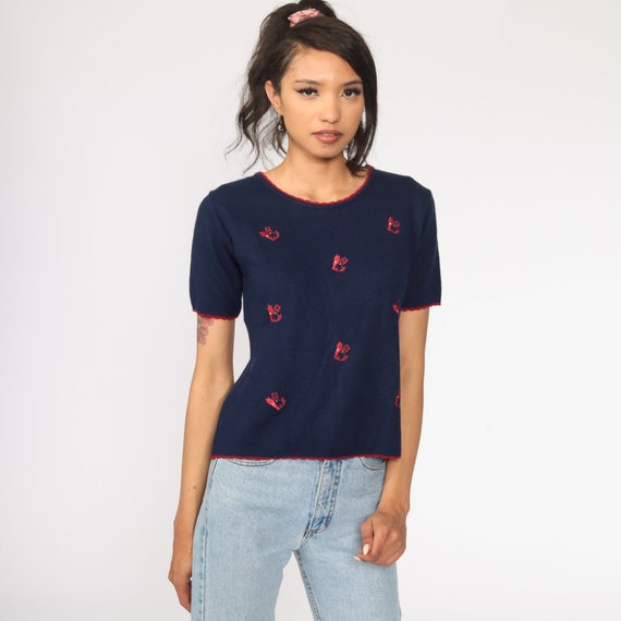 Knit Cat Shirt Navy Blue 1980s Embroidered Animal Top Short Sleeve Top Retro Top Knit 80s Top Vintage Medium
