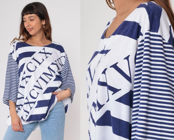 Roman Numerals Shirt 80s Alphabet Top Banded Hem Top Graphic Tee 3/4 Sleeve Casual Blouse White Blue Striped Vintage 1980s 44/24W Plus Size