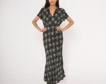Vestido largo negro con estampado floral de los 90, manga corta con lunares blancos, cuello ajustado, cintura entallada, estilo campestre, oscuro, femenino, vintage, vestido de verano, talla L