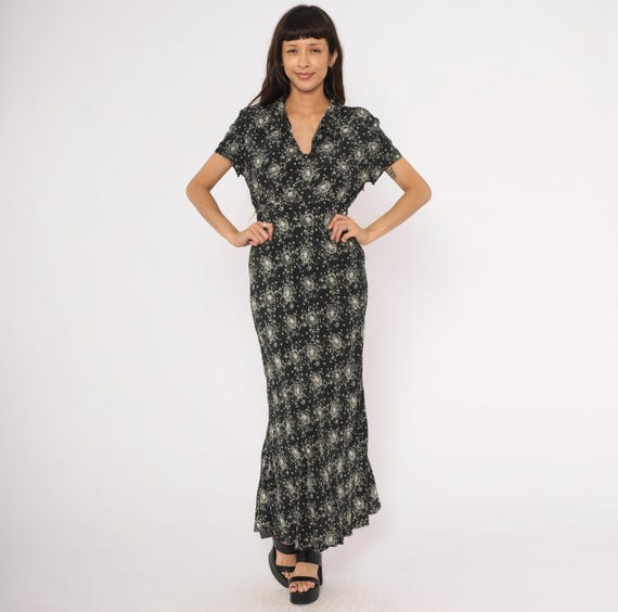 90s Black Floral Maxi Dress White Dotted Short Sleeve Collared Fitted Waist Prairie Cottagecore Dark Feminine Vintage Summer Frock Large L