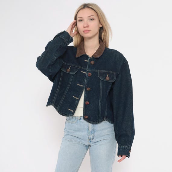 90s Denim Jacket Cropped Button Front Scalloped H… - image 3