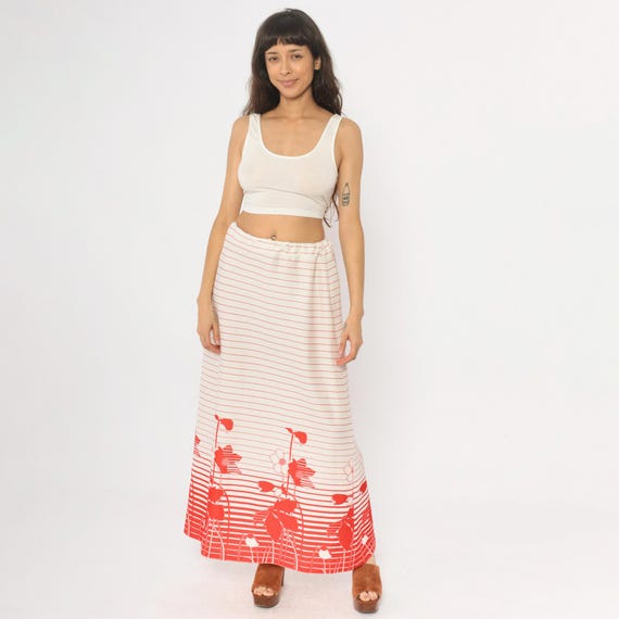 70s Floral Striped Maxi Skirt Red White Border Print Elastic Waist Vintage Long A Line Hippie Festival Summer Cottagecore Prairie Medium M