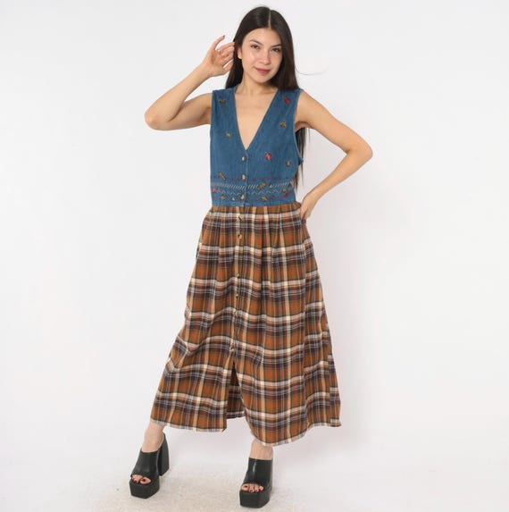 90s Denim Plaid Midi Dress Leaf Print Embroidered Blue Brown Sleeveless V Neck Grunge Prairie Cottagecore Fall Autumn Sundress Large L
