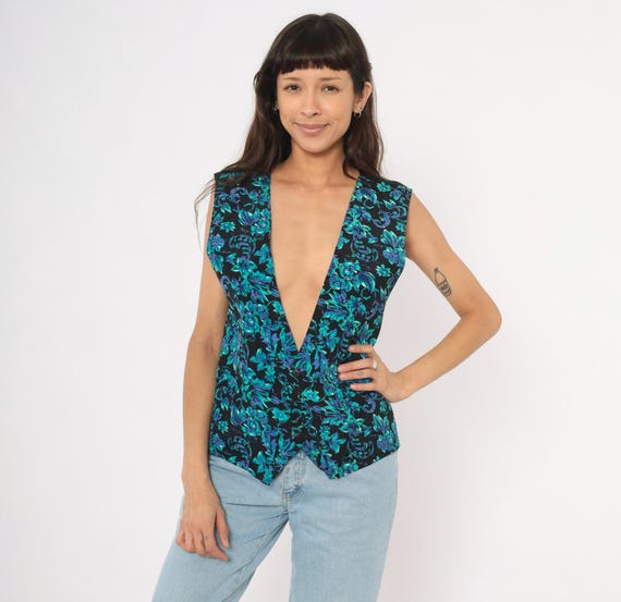 90s Floral Vest Black Teal Purple Button Front Waistcoat Deep V Neck Baroque Top Turquoise Blue Satin Back Buckle Vintage Women Medium M