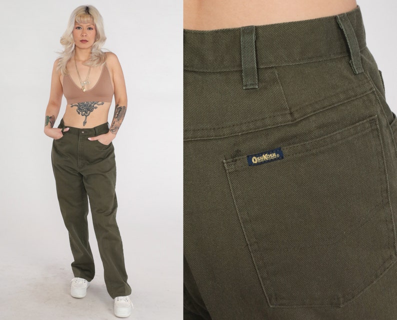 Olive Green Pants 90s Osh Kosh B'Gosh Work Pants High Waisted Rise Straight Leg Workwear Utility Basic Plain Pants Vintage 1990s Medium 30 image 1