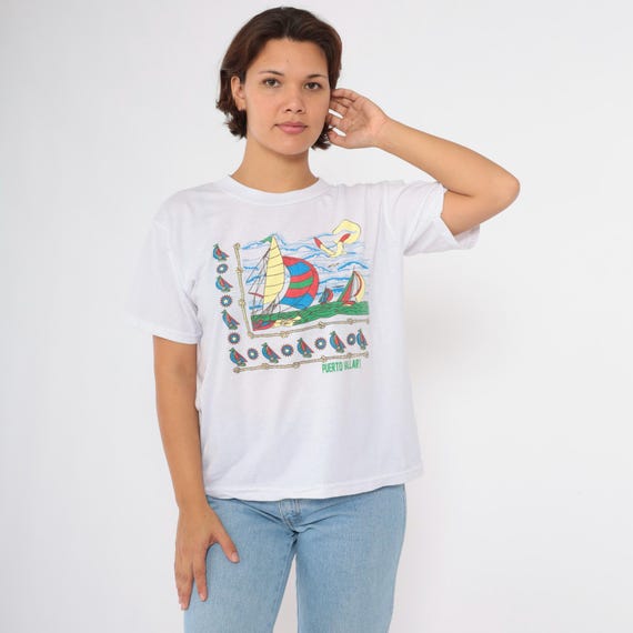 Vintage Puerto Vallarta Shirt 90s Mexico T-Shirt Nautical Sailboat Graphic Tee Sailing Tourist Travel Boat Tshirt Retro White 1990s Large