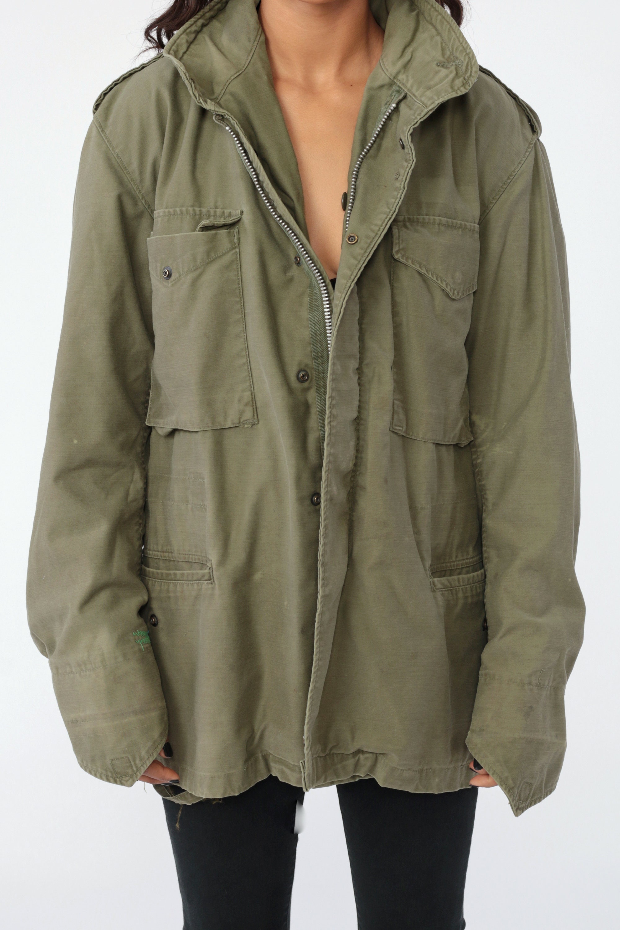 Green Military Jacket Commando Jacket 80s Coat Distressed Us Cargo