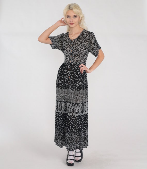 Grunge Dress Y2K Button Up Maxi Dress Black White Abstract Floral Leaf Print Ankle Length Short Sleeve Hippie Boho Day Vintage 00s Small S