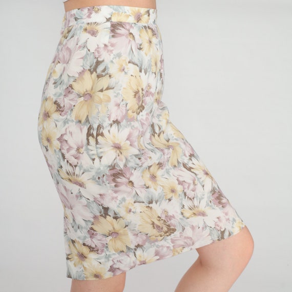 Floral Pencil Skirt 80s Knee Length Midi Skirt High Waisted Wiggle Retro Secretary Summer Pastel Garden Party Vintage 1980s Extra Small xs