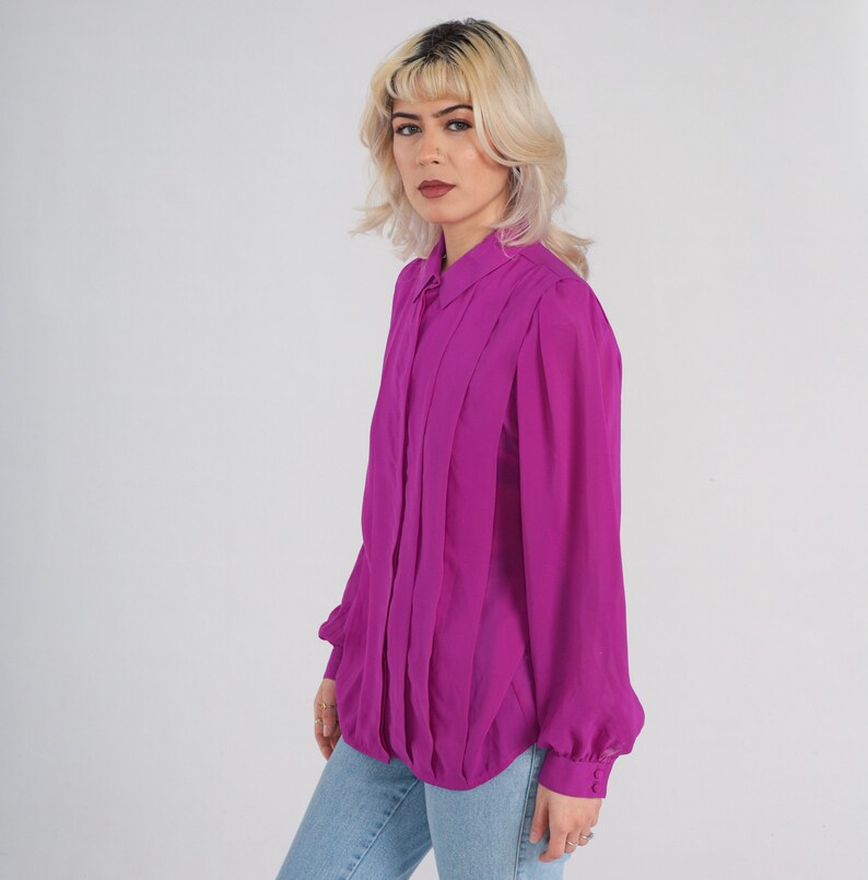 Fuchsia Blouse 80s Pink Hidden Button Up Top Pleated Formal Preppy Collared Shirt Long Puff Balloon Sleeve Simple Vintage 1980s Large 12 image 5