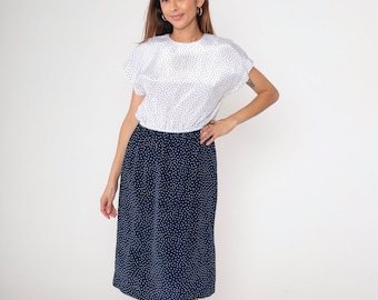 80s Polka Dot Midi Dress Navy Blue White Day Dress High Waisted Short Sleeve Knee Length Casual Vintage 1980s Leslie Fay Medium