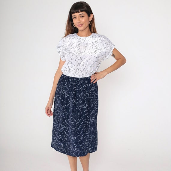 80s Polka Dot Midi Dress Navy Blue White Day Dress High Waisted Short Sleeve Knee Length Casual Vintage 1980s Leslie Fay Medium