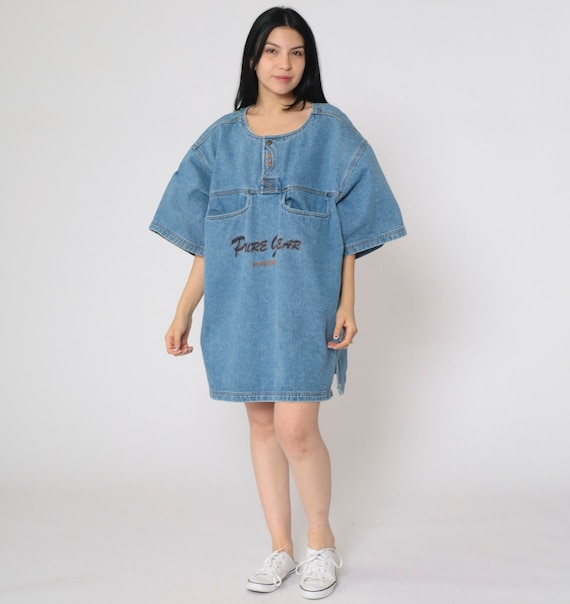 90s Denim Dress Pure Gear Mini Utility Pocket Jean Dress Streetwear Vintage 1990s Short Sleeve Blue Short Sleeve Oversized Extra Large xl