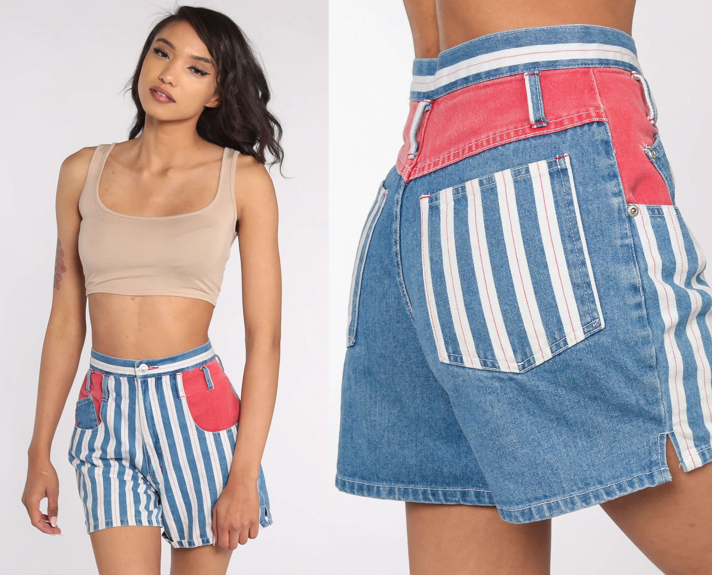 Striped Jean Shorts 90s Red White Blue Shorts Denim Shorts Etsy