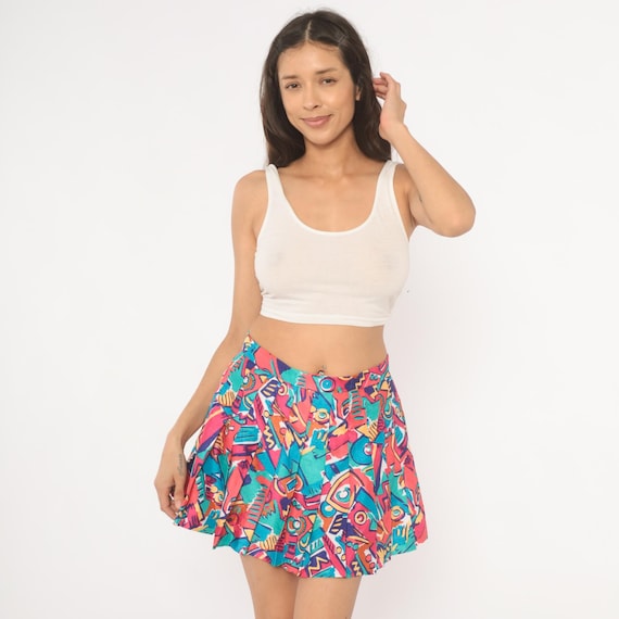 Abstract Geometric Skirt 90s Pleated Mini Pink Teal Colorful Print High Waist A Line Button Front Flared Short Festival Skater Medium M