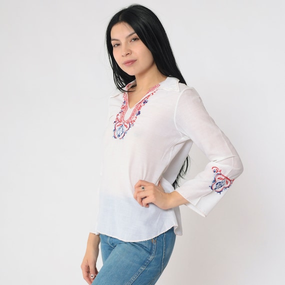 70s Tunic Top Floral Embroidered Blouse Sheer White Blouse Hippie Shirt Boho 1970s Bohemian Festival Boho Long Sleeve Extra Small xs
