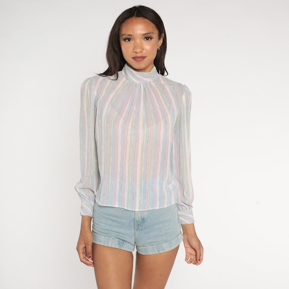 Pastel Striped Shirt 80s Puff Sleeve Blouse Sheer Mock Neck Long Sleeve Top Button Back Top Vintage Shirt Lavender Green Blue Small