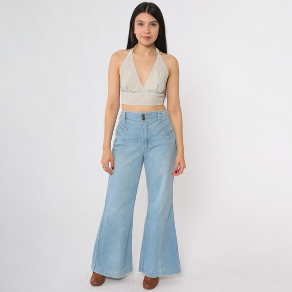 70s Bell Bottoms Flare Jeans Light Blue High Waisted Wide Leg Denim Boho Hippie Vintage Cotton Groovy Retro Fashion Disco Medium M 11