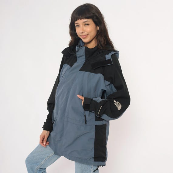 The North Face Windbreaker 90s Blue Black Colorblock Hooded Jacket HydroSeal Gorpcore Outdoor Hiking Rain Coat Vintage Mens Grey Large L