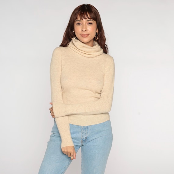 Beige Wool Angora Turtleneck Sweater 80s Pullover Sweater Jumper Vintage 1980s Rabbit Hair Fitted Plain Evan Picone Small S
