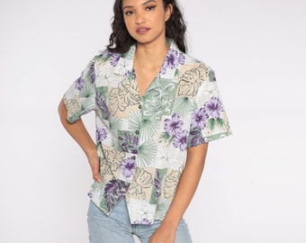 Camisa Tropical Folha Blusa Surfista Havaiana Anos 80 90 Top Folha Estampa Botão Patchwork Manga Curta Surf Vintage Anos 80 90 Extra Grande GG