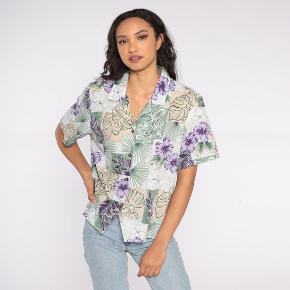 Tropical Leaf Shirt Hawaiian Surfer Blouse 80s 90s Top Leaf Print Button Up Patchwork Short Sleeve Surf Vintage 1980s 1990s Extra Large XL