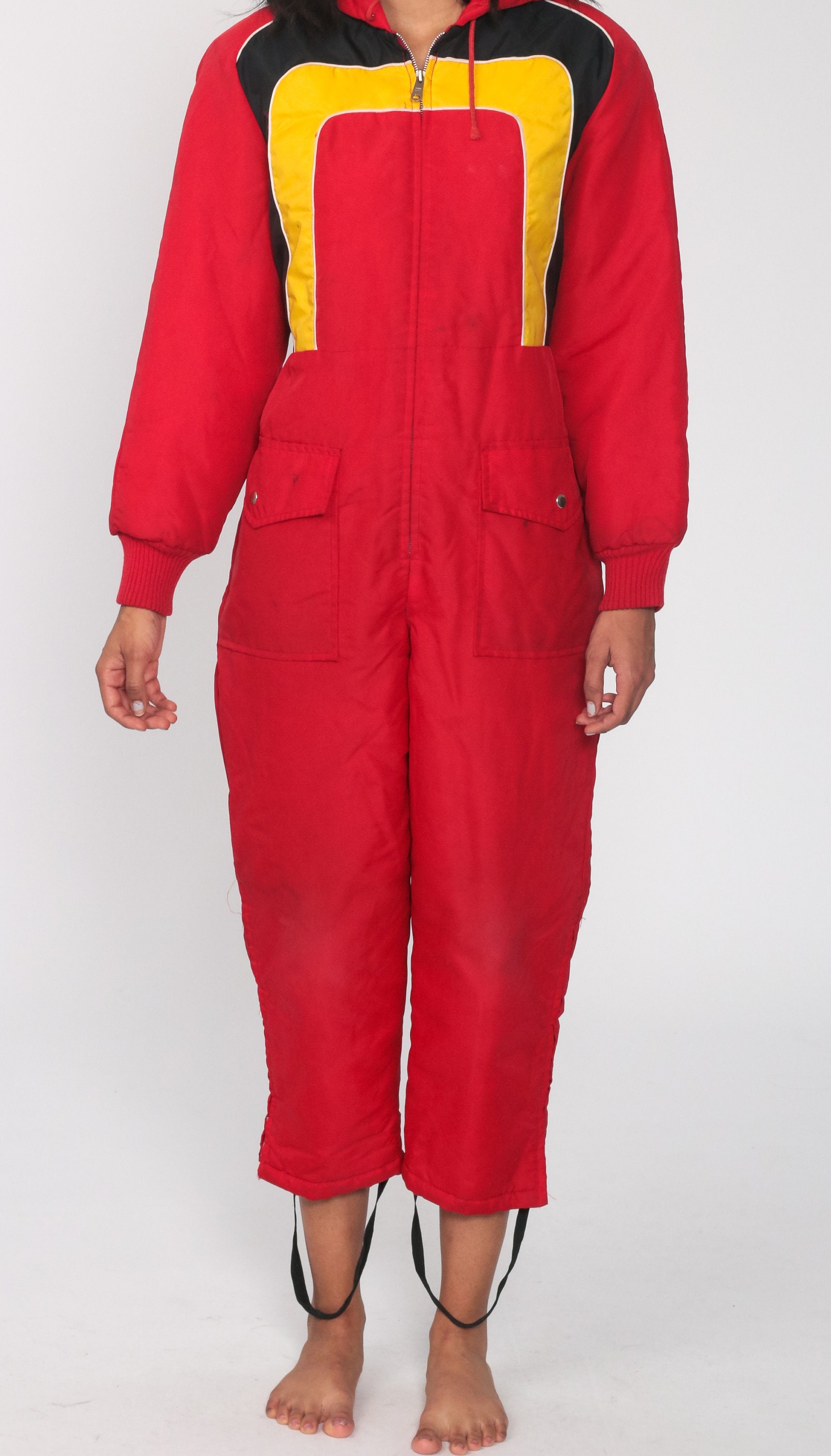 70s Ski Suit ONE PIECE Snowsuit Puffy Red Hooded Snowsuit Retro Snow Suit Puffer Coat Pants 
