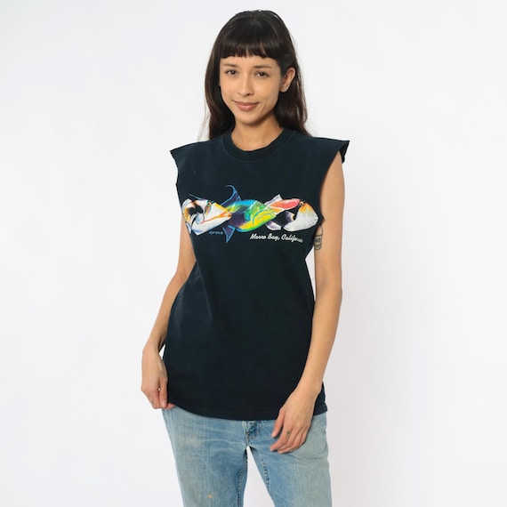90s Fish Tank Black Cotton Sleeveless Tee Morro Bay California Tropical Graphic Muscle Shirt Raw Hem Tourist Souvenir Beach Medium M