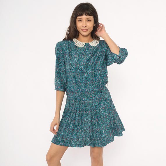 80s Ditsy Pleated Mini Dress Lace Collar Floral Teal Puff Sleeve Blouson Waist Mini Pink Green Cottagecore Prairie Feminine Vintage Large L