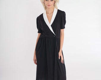 Vintage Schwarz Weißes Kleid 80er Jahre Midi Wickelkleid Puffärmel Kragen High Waisted Party Retro Chic Preppy Jackie O 1980s Large L