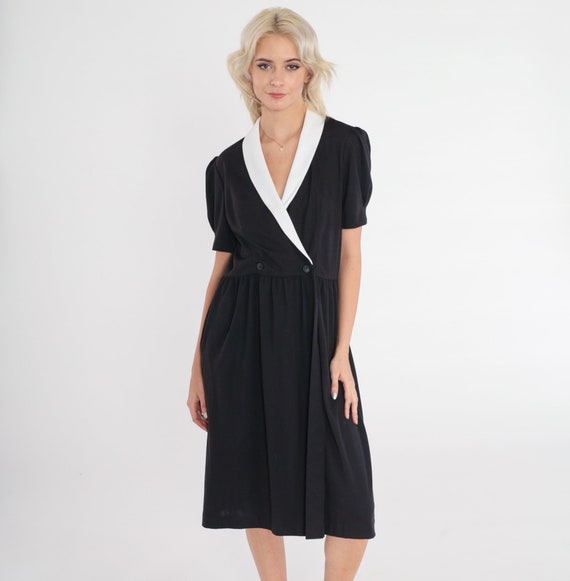 Vintage Black and White Dress 80s Midi Wrap Dress Puff Sleeve Collared High Waisted Party Retro Chic Preppy Jackie O 1980s Large L