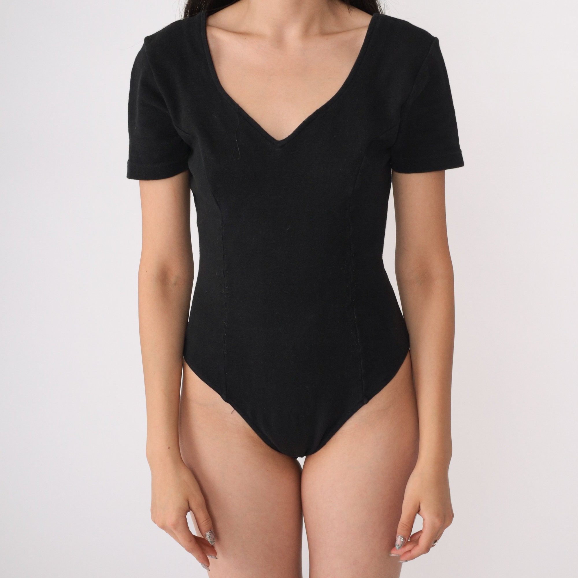 Black Bodysuit Top 90s Leotard Blouse Plain Shirt Body Suit Short Sleeve  One Piece V Neck T Shirt Minimalist Ballet Vintage 1990s Small S 