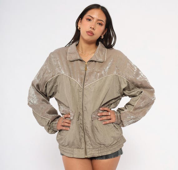 90s Shiny Windbreaker Cabin Creek Taupe Jacket Sand Piping Collared Coat Beige Athletic Track Tan Shell Streetwear Khaki Bomber Medium M