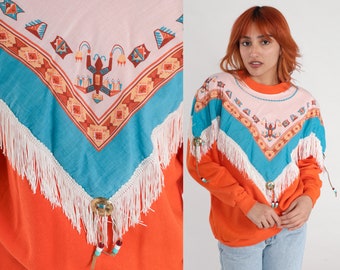 80s Southwestern Sweatshirt Orange Fringe Southwest Print Shirt Aztec Long Sleeve Vintage 1980s Slouchy Ringer Cowgirl Western Medium Large