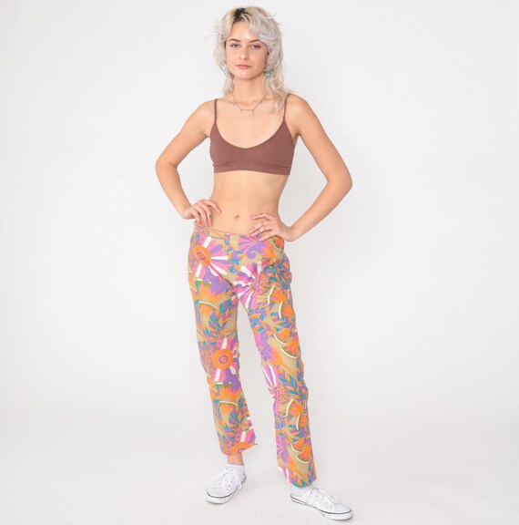 Vintage 60s Floral Flare Pants Mod Psychedelic Trousers Mid Rise Waist Flower Power Slacks Boho Hippie Retro 1960s Slim Fit Medium