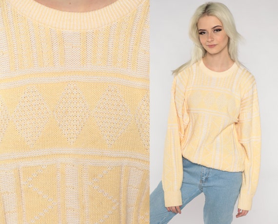 Yellow Knit Sweater 80s Geometric Pastel Sweater … - image 1