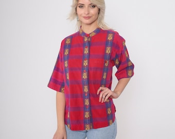 Geometrisch geruit overhemd jaren 90 rode geruite geborduurde button-up blouse mandarijnkraag vintage jaren 1990 korte mouw paars oversized kleine S