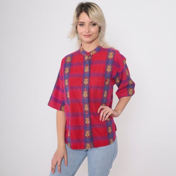Geometric Checkered Shirt 90s Red Plaid Embroidered Button Up Blouse Mandarin Collar Vintage 1990s Short Sleeve Purple Oversized Small S