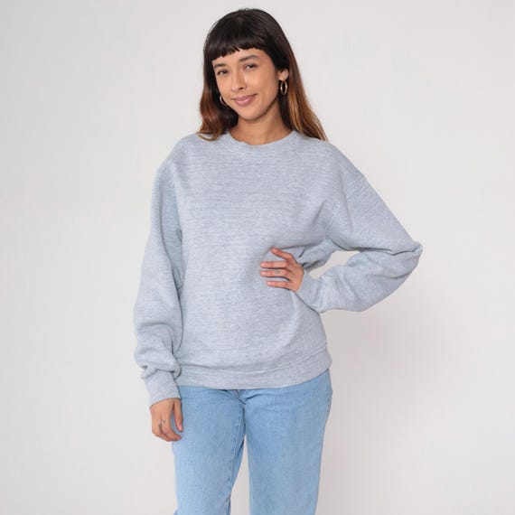 Vintage Grey Crewneck Sweatshirt 80s Plain Long Sleeve Shirt Slouchy Pullover Blank Thin 1980s Athletic Sweat Shirt Large L