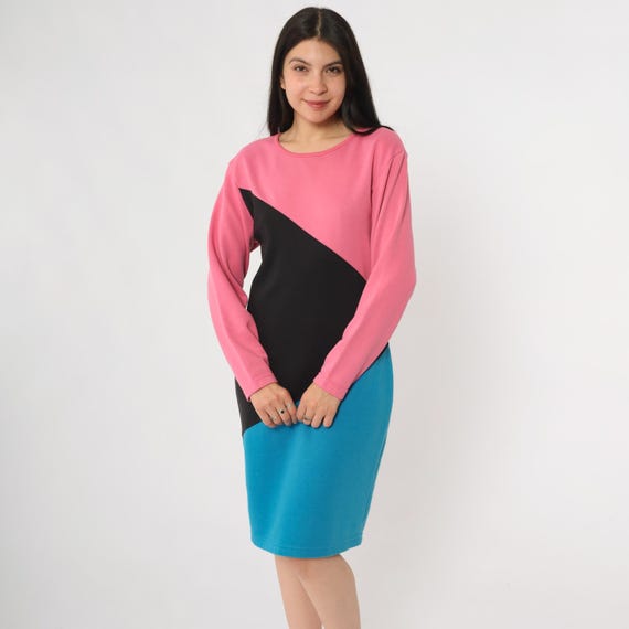 90s Colorblock Dress Gitano Pink Black Blue Geometric Long Sleeve Bodycon Fitted Knit Pullover Mini Bold Graphic Mod Small S