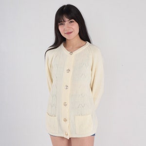 80s Cardigan Off White Pointelle Knit Sweater Button Up Grandma Sweater Girly Basic Boho Retro Plain Acrylic Vintage 1980s Medium Large