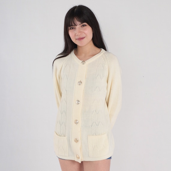 80s Cardigan Off White Pointelle Knit Sweater Button Up Grandma Sweater Girly Basic Boho Retro Plain Acrylic Vintage 1980s Medium Large