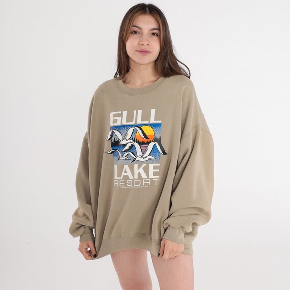 Gull Lake Resort Sweatshirt 80s Brainerd Minnesota Sweatshirt Taupe Seagull Sweatshirt Slouchy Vintage Crewneck 1980s Bird Sun 2xl 2x xxl