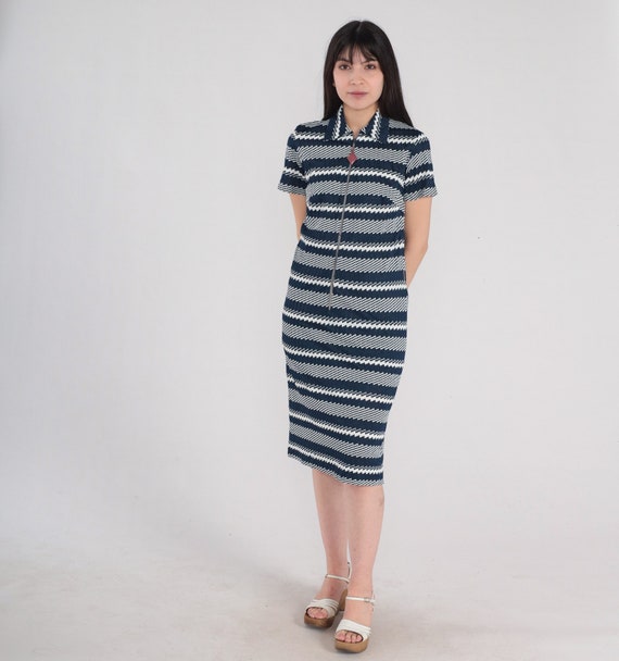 60s Mod Dress Navy Blue White Zip Up Midi Dress 70s Retro Knee Length Geometric Striped Pencil Space Age Shift Sixties Vintage 1960s Small S