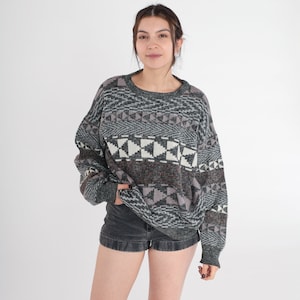 80s Sweater Geometric Pullover Knit Sweater Abstract Triangle Striped Print Crewneck Jumper Grey White Grunge Acrylic Vintage 1980s Medium M