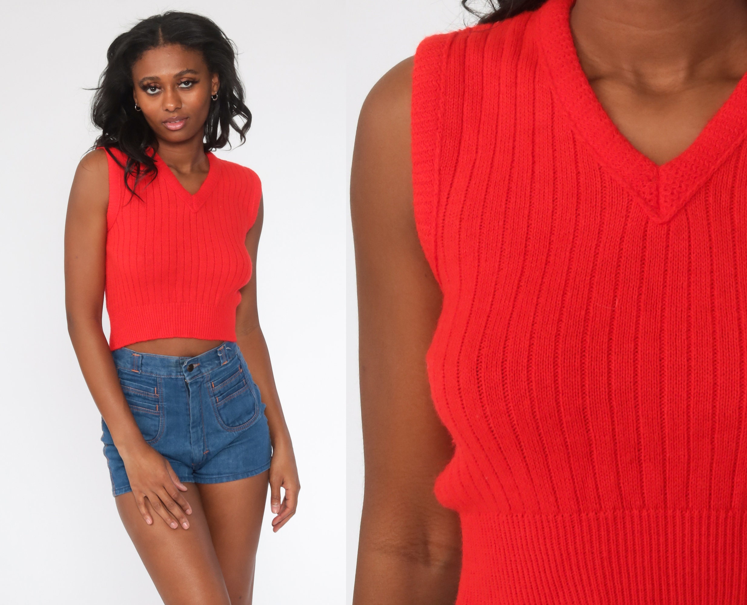 Red Vest Top 70s Knit Top Sleeveless Nerd 80s Boho V Neck Knit Shirt Crop Top Sleeveless Hippie Vintage Extra Small xs s