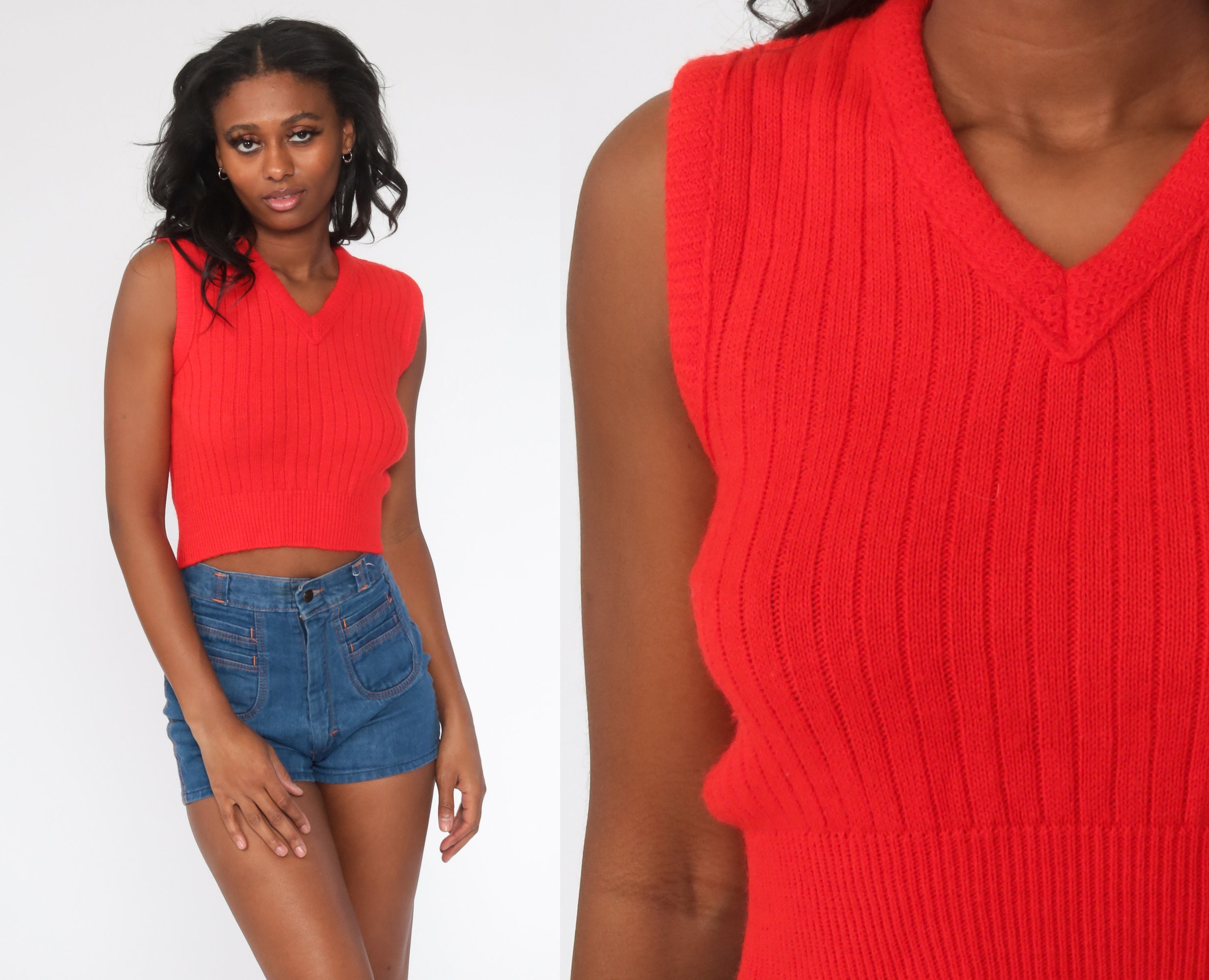 Red Sweater Vest Top 70s Knit Tank Top Sleeveless Nerd 80s Boho V Neck Knit  Shirt Crop Top Sleeveless Hippie Vintage Extra Small xs s