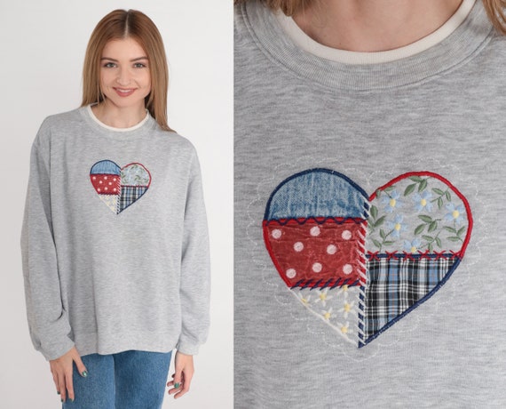 Heart Sweatshirt Y2K Floral Embroidered Sweatshirt Patchwork Pullover Crewneck Grandma Sweater Kawaii Retro Heather Grey Vintage 00s Large L