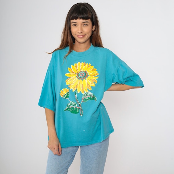 Vintage Sunflower T Shirt 90s Turquoise Blue Floral T-Shirt Retro Flower Print Graphic Tee Crewneck Short Sleeve 1990s OS Medium Large xl