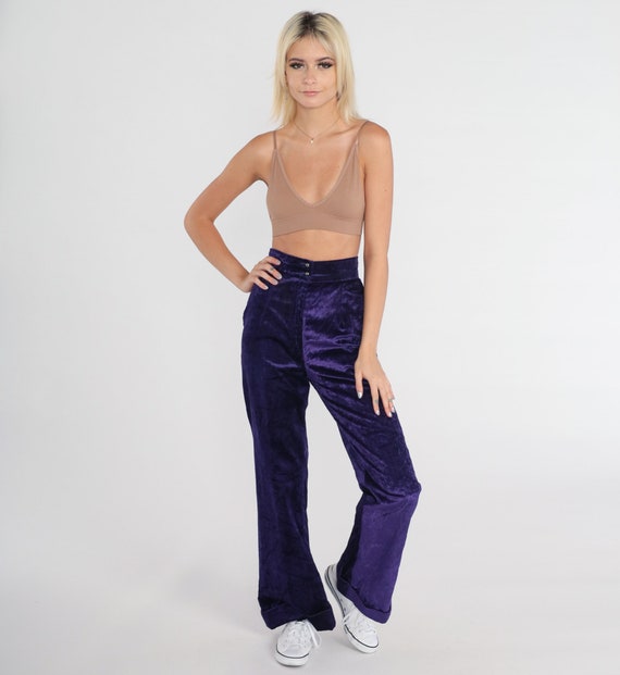 Purple Velvet Pants 70s Bellbottoms Flared Leg Trousers Bell Bottom High Waisted Flares Seventies Disco Party Vintage 1970s Extra Small xs
